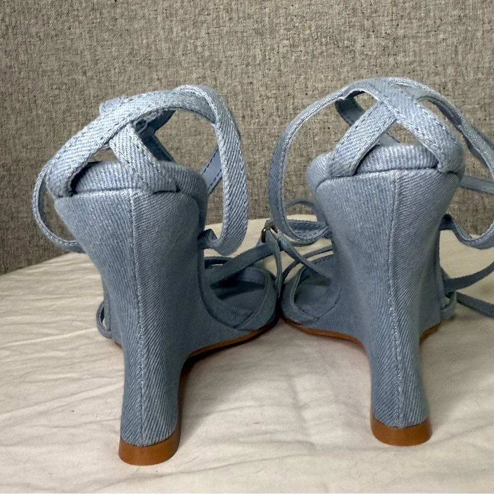 Pretty Little Thing Size 4‎ Blue Jean Denim Wedge Ankle Wrap Sandals
